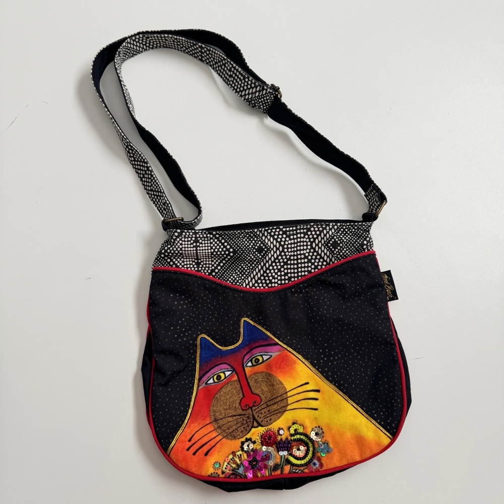 Laurel Burch Purse Crossbody Cats Sequin Flowers Aztec Pockets Black White Red